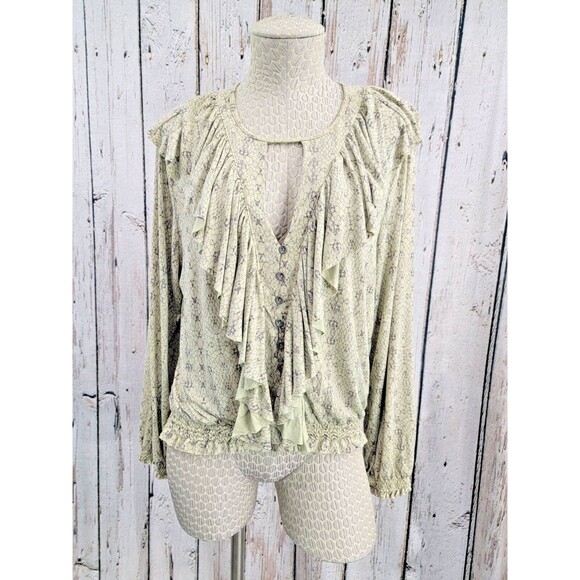 ALK Women's Medium Anama Ruffle V Neck Peasant Button Down Blouse Shirt Top EUC - Picture 3 of 14